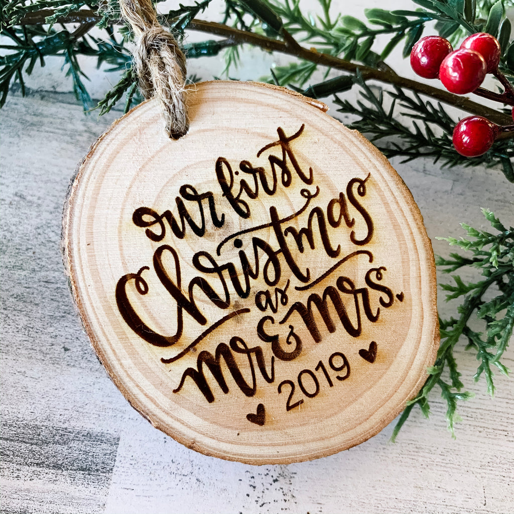 mr. and mrs. first christmas wood slice ornament