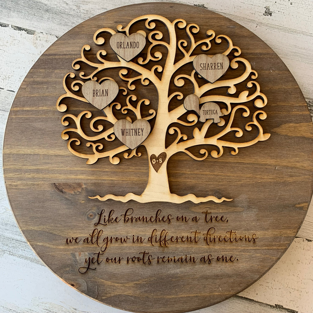round wooden family tree sign